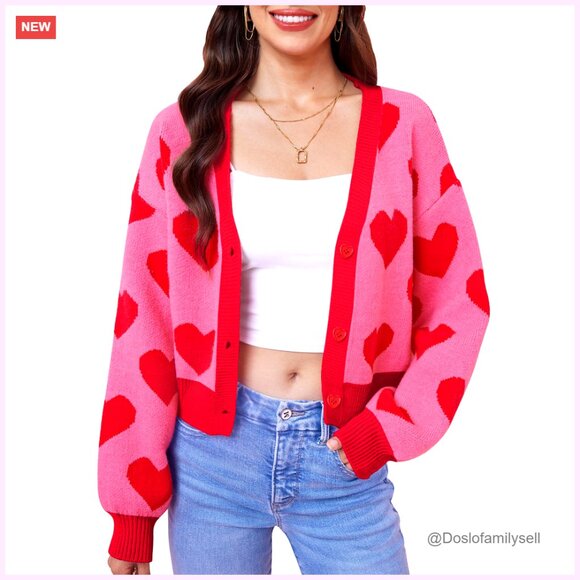 Sweaters - Cropped Cardigan Button Down Long Sleeve Y2K Heart Graphic Sweater Chic